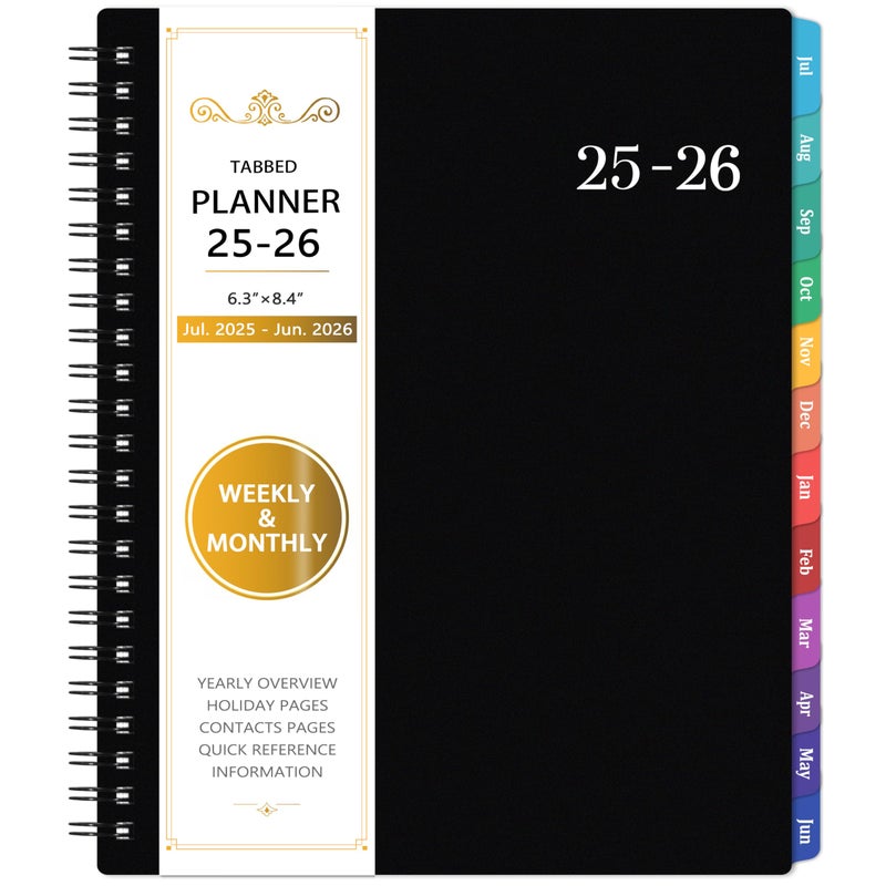 Vondafe Academic Planner 2025-2026 - 2025-2026 Planner, July 2025 - June 2026, 6.3"" x 8.4"", Weekly & Monthly, Colorful Tabs, PP Cover, A5 Thick Paper, Twin-Wire Binding - Black - Image 1